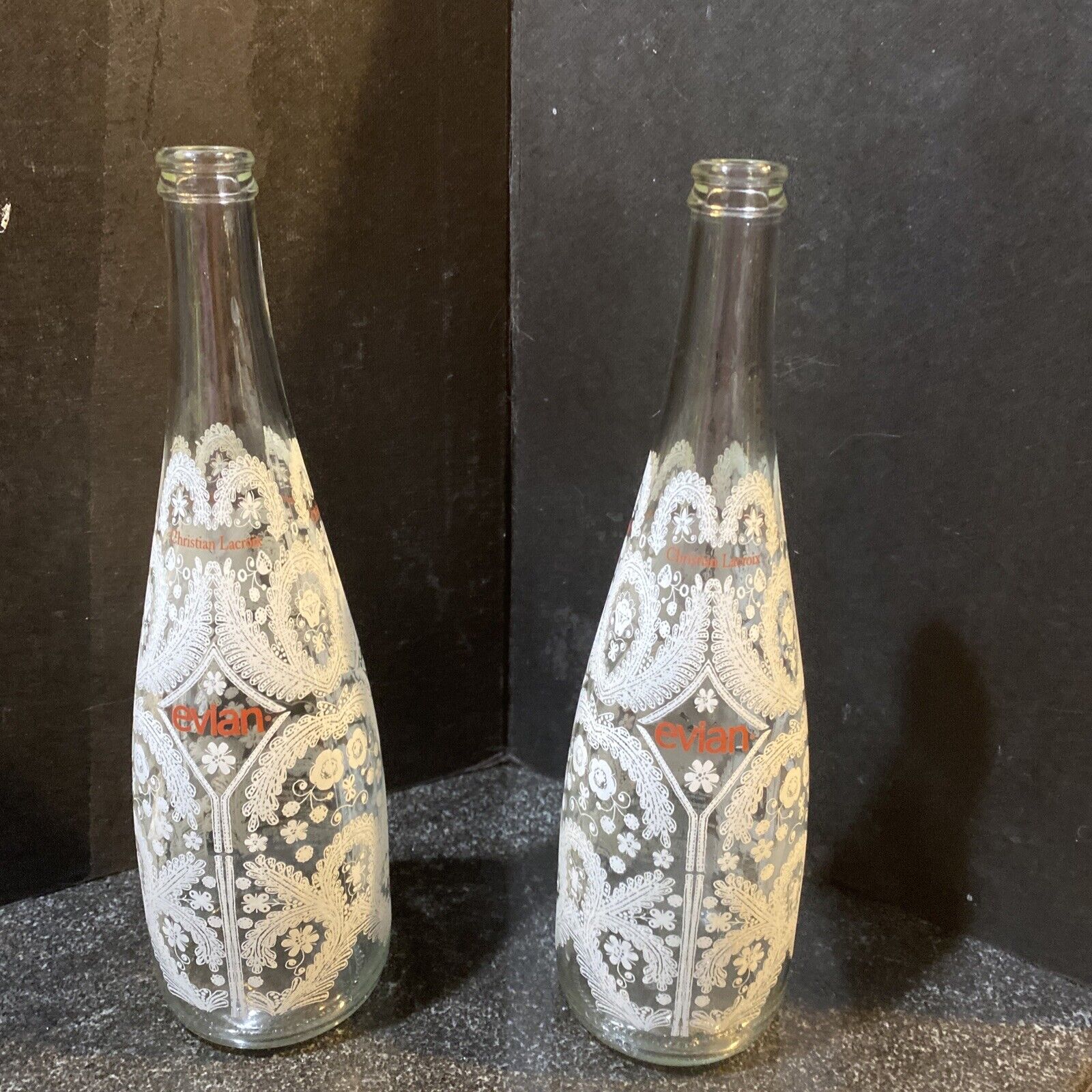 Two 2008 Evian Christian Lacroix Lace Snowflake Glass Water Bottles