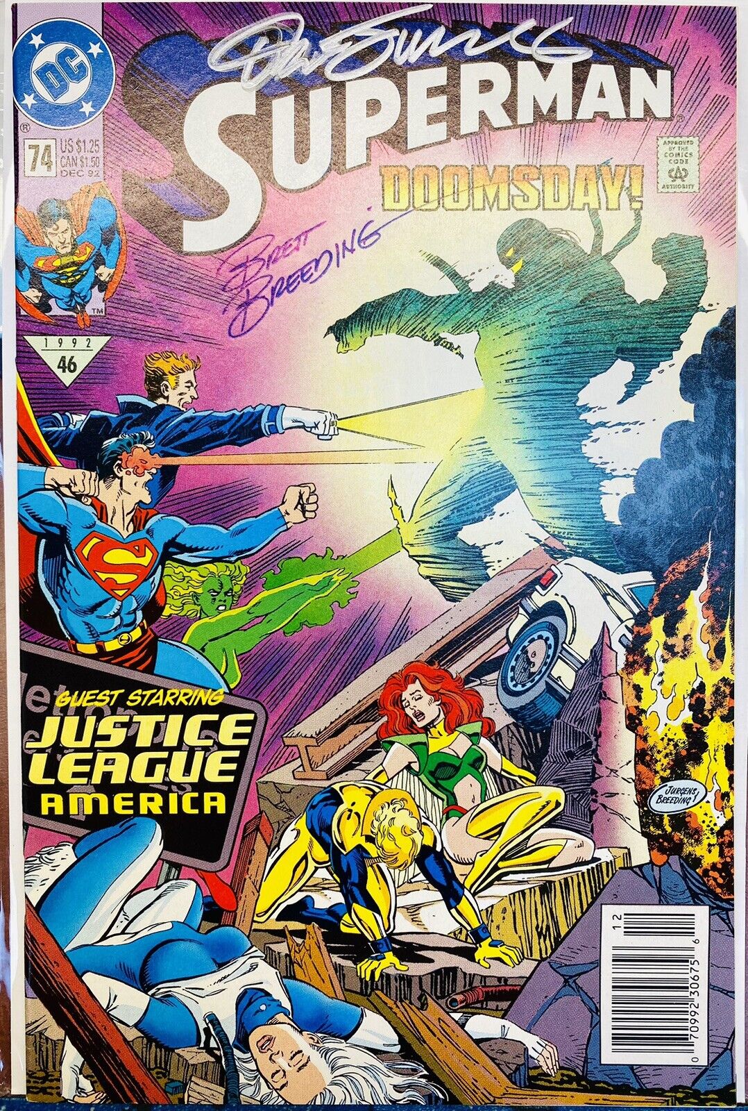 Superman #74 (1992) Newsstand Variant (signed Dan Jurgens & Brett Breeding) NM