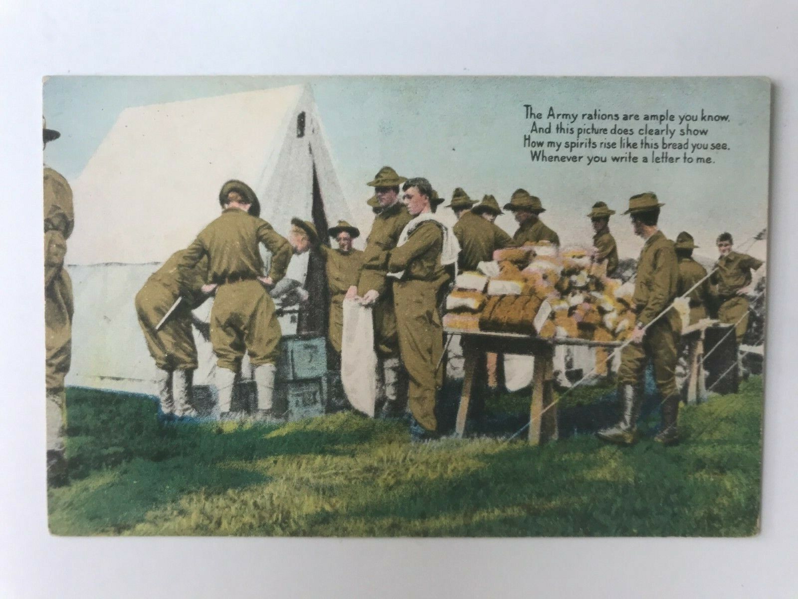 Postcard Army Base WWI Food Rations Poem Happy Soldiers Gathering Congregating