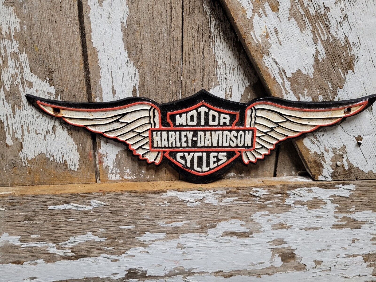 VINTAGE HARLEY DAVIDSON SIGN CAST IRON METAL MOTORCYCLE ADVERTISING WING CYCLES