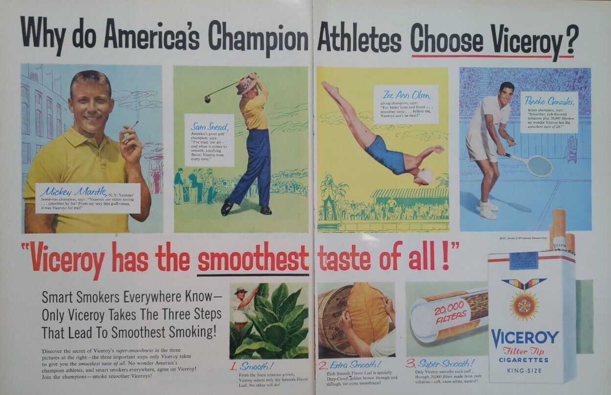 Vintage 1957 viceroy cigarettes print ad. Mickey Mantle, Top Athlete\'s 