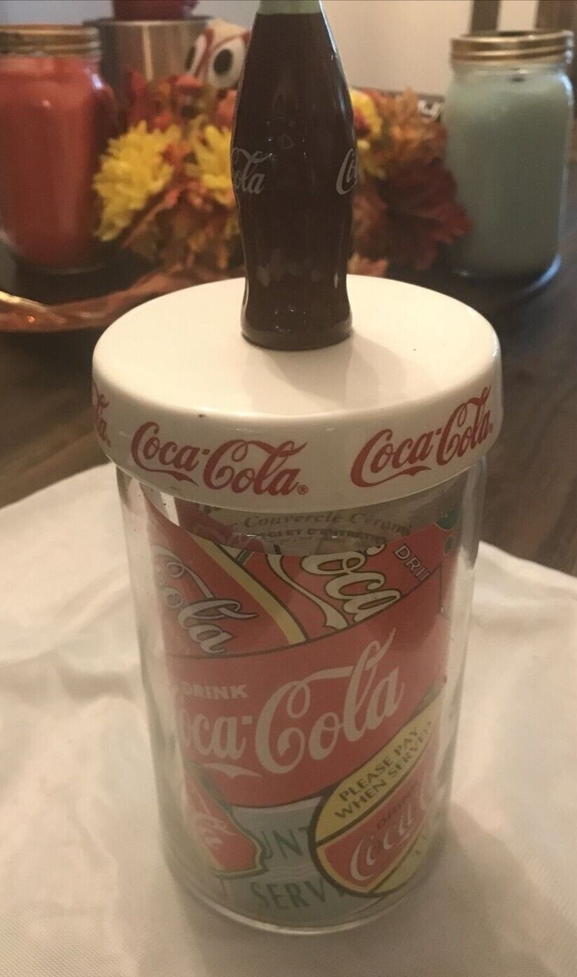 Vtg. 1999 Anchor Hocking Coca Cola Glass Storage Jar With Ceramic Lid