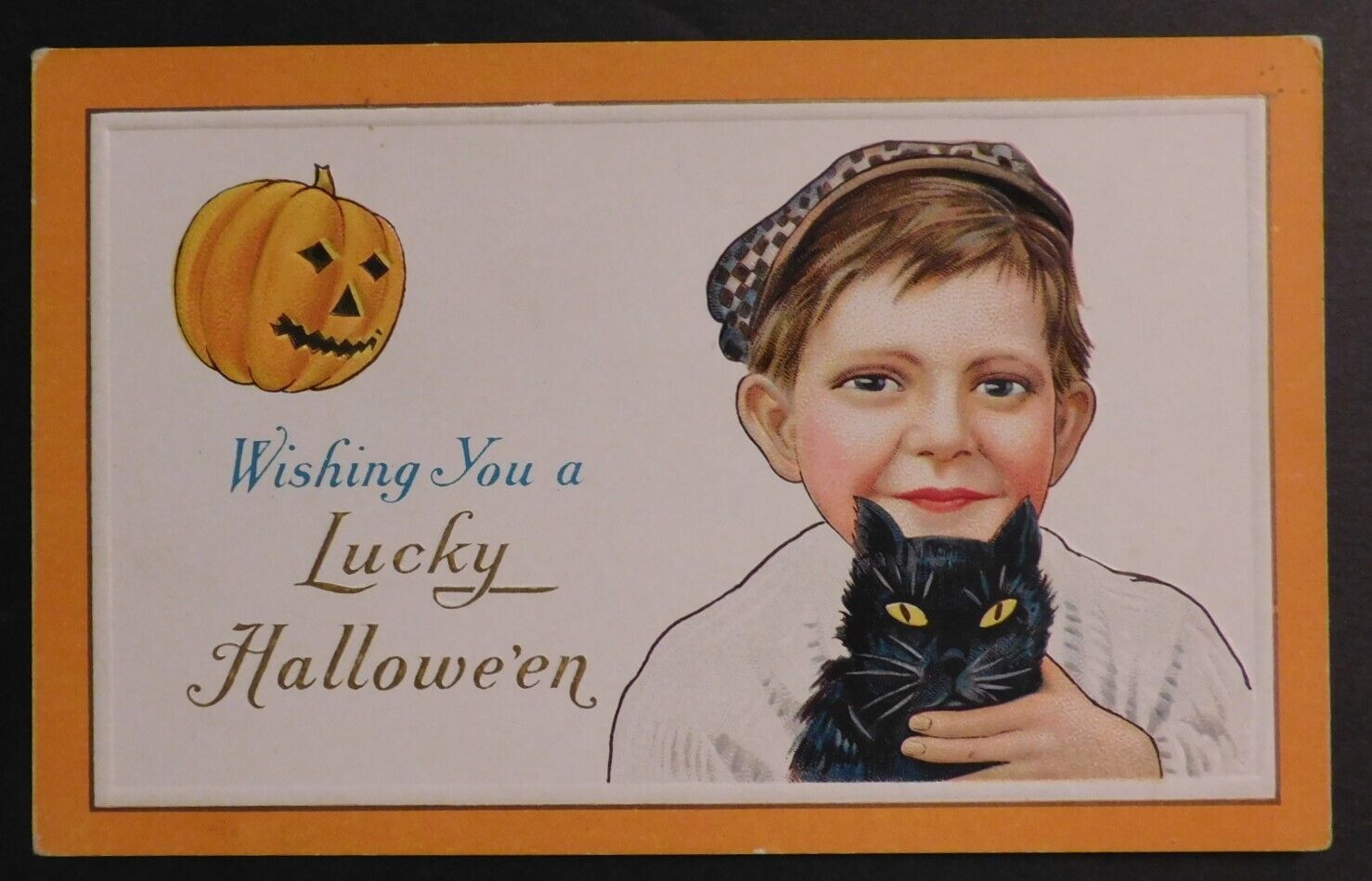Mint USA Picture Postcard Child Smiling Black Cat Carved Pumpkin Lucky Halloween
