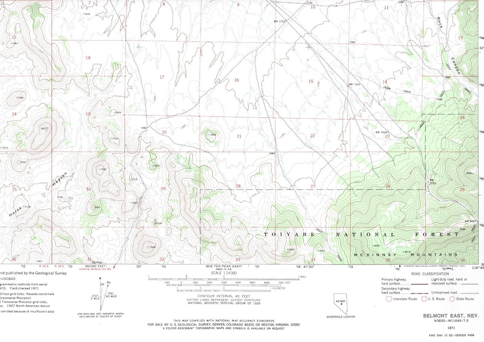 Belmont East, Nevada 1971 Vintage USGS Topo Map 7.5 Quadrangle Topographic