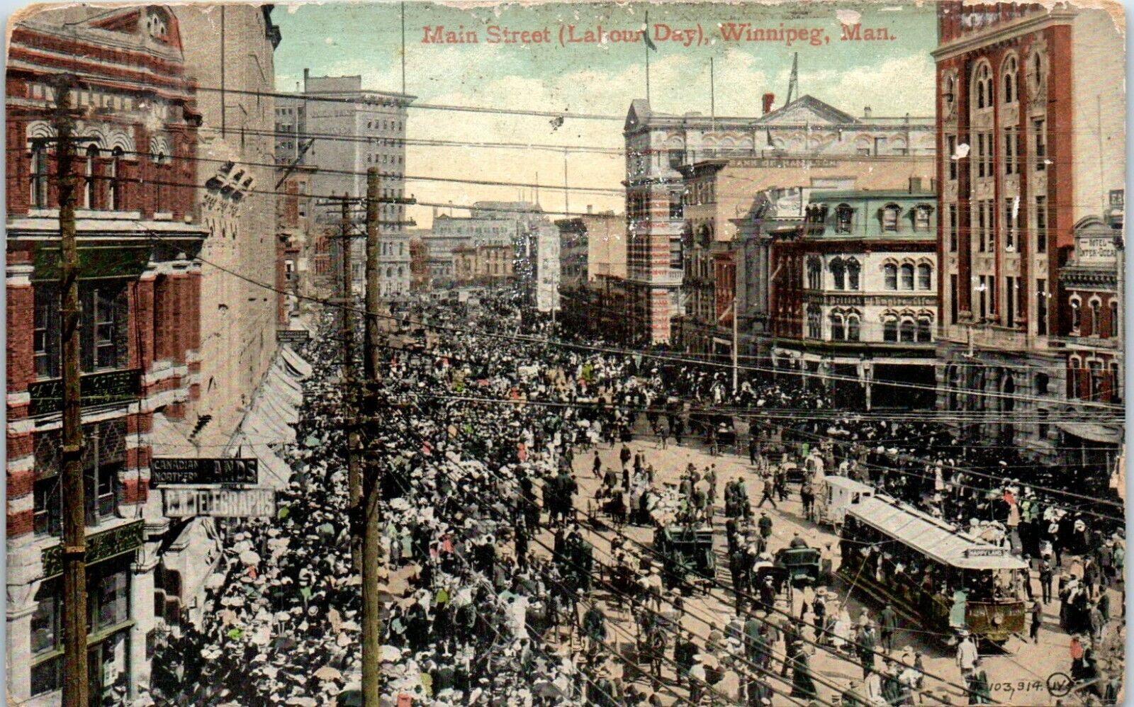 1911 Antique Postcard Winnipeg Manitoba Canada Main Street Labour Day Crowds