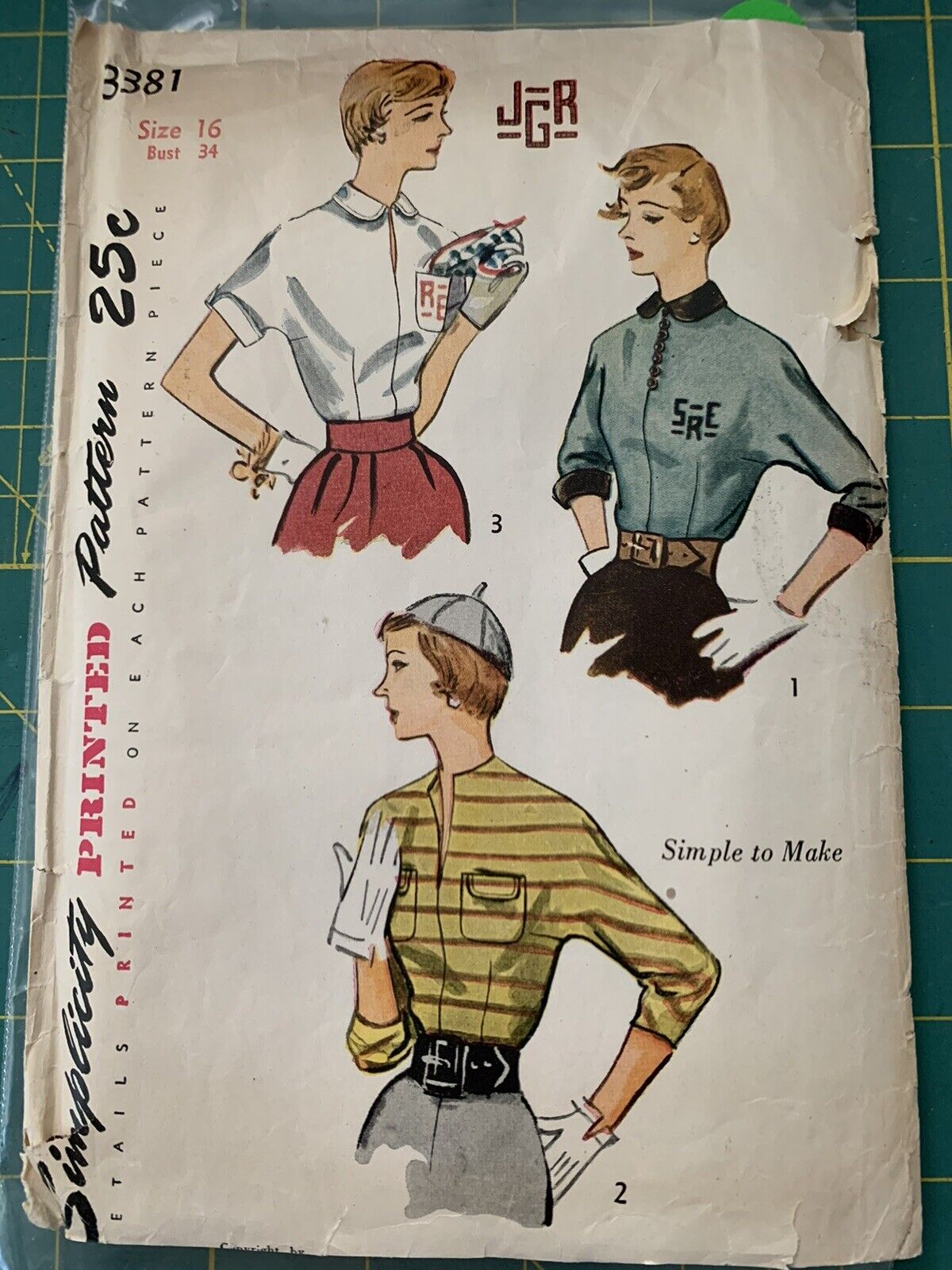 Vintage Sewing Pattern Simplicity 3381 Women’s Blouses SZ 16 UNCUT 1950