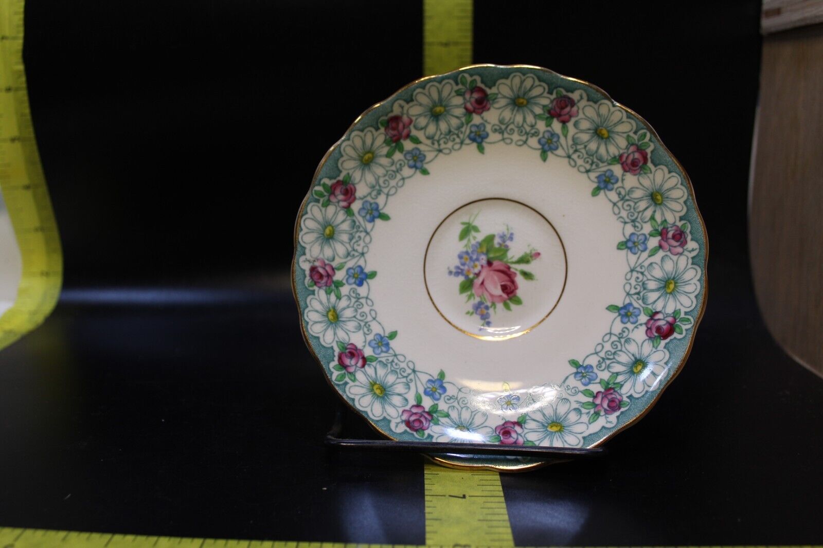 Vintage Rosina-Queen Blue Floral Bone China Footed Saucer: Pink Roses