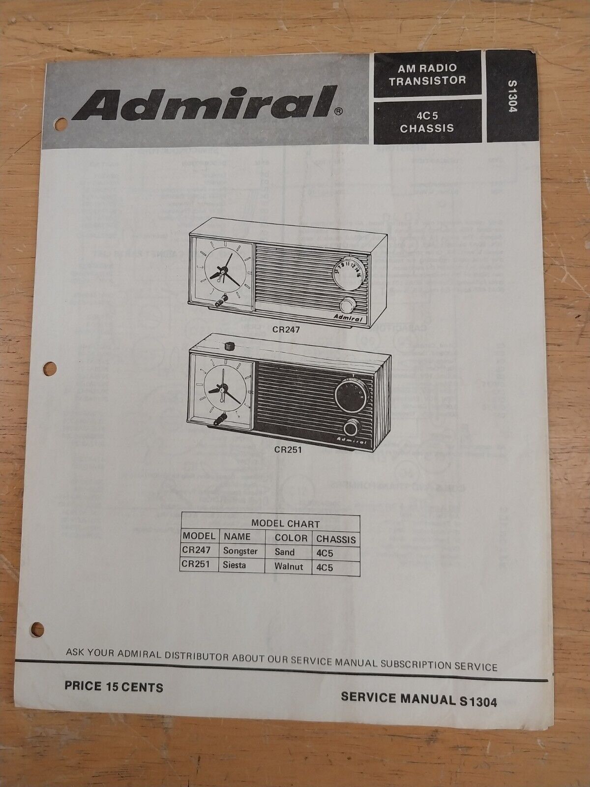 Vintage Service Manual For Admiral Radio Model CR247 & CR251