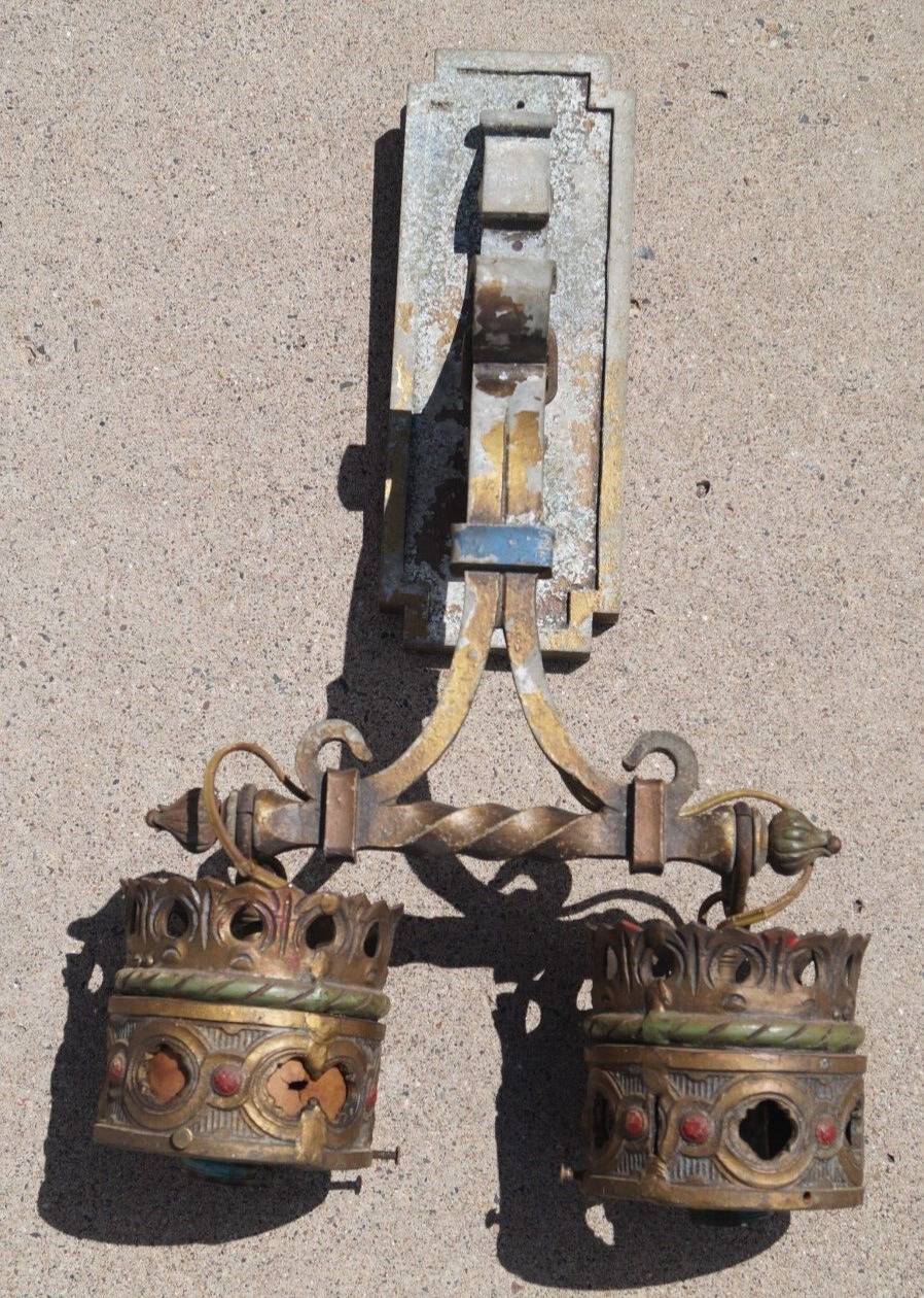Antique 1913 Iron Wall Sconce Light Fixture / Hanging Lamp - POLYCHROME - RARITY