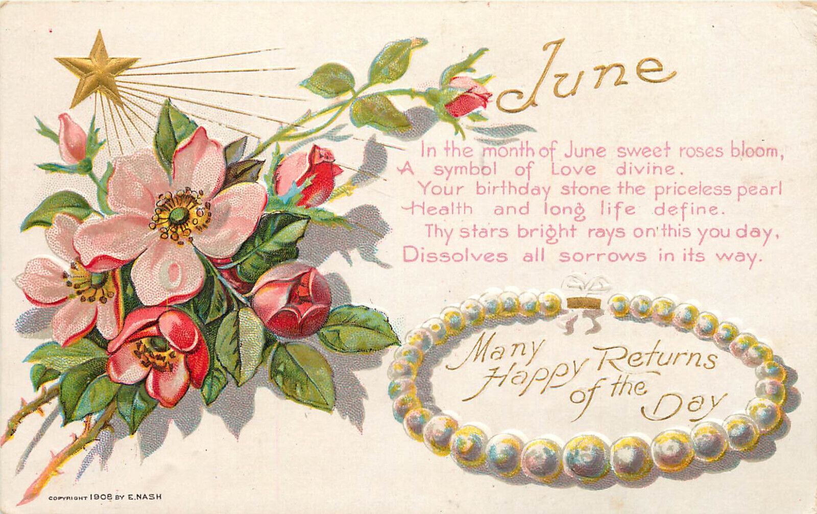 Nash Postcard Happy Birthday June Birth Stone Pearl Flower Rose Embossed