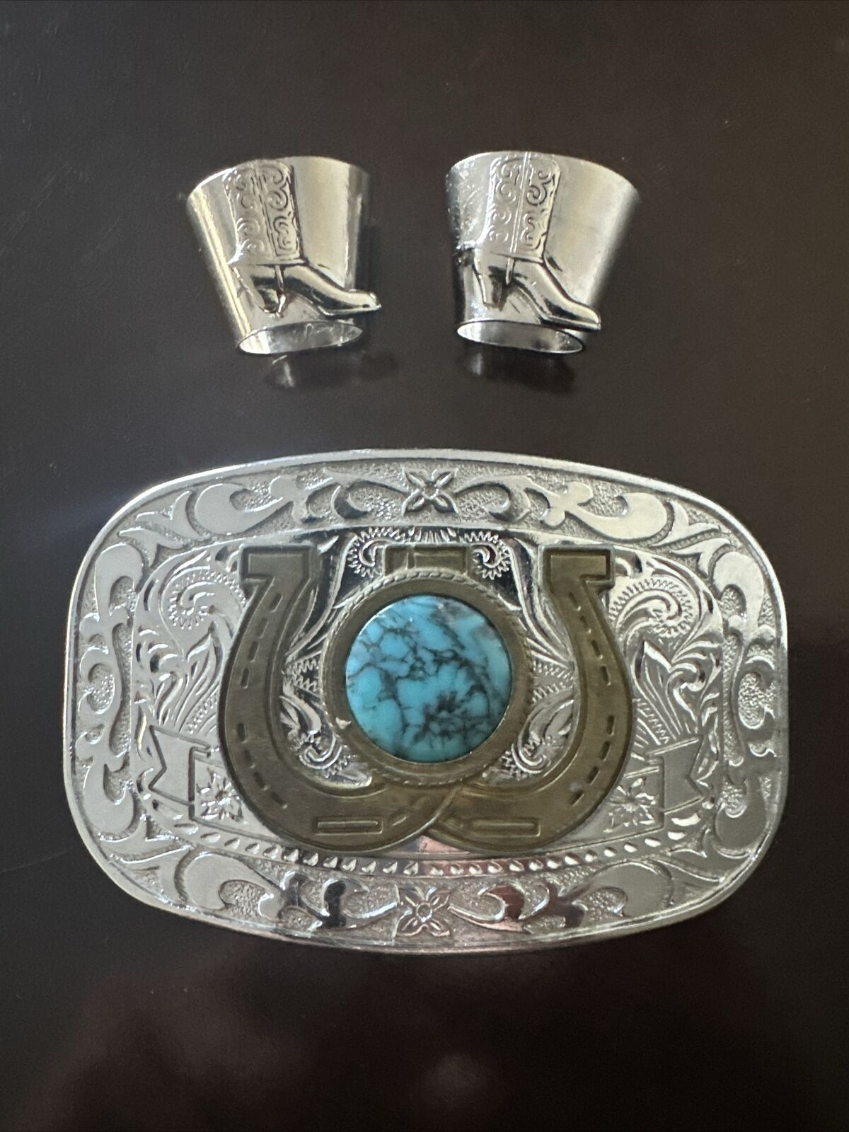Double Horseshoe Turquoise Silver Belt Buckle Western