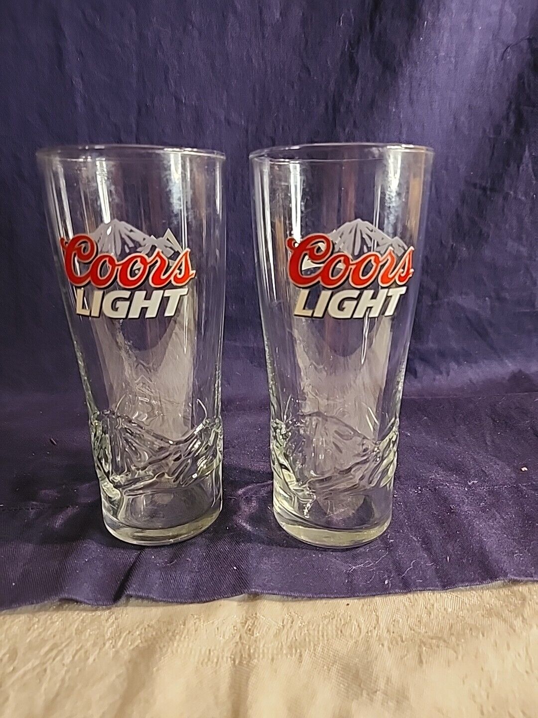 Vintage Coors Light Half Pint Beer Drinking Glass 3D Embossed Mountain Set of 2