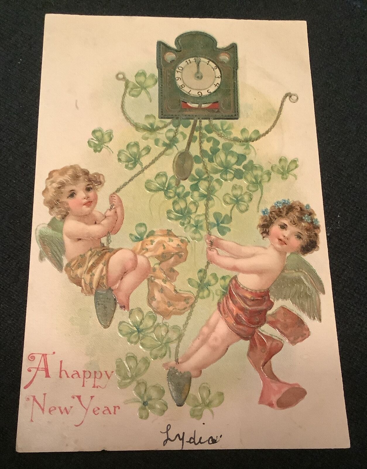1908 Vintage Embossed New Year Postcard Angel Cherubs Swinging On Clock