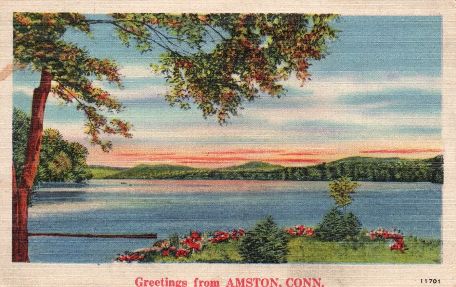 Postcard CT Amston Greetings Connecticut Waterside Sunset Linen Vintage PC H7483