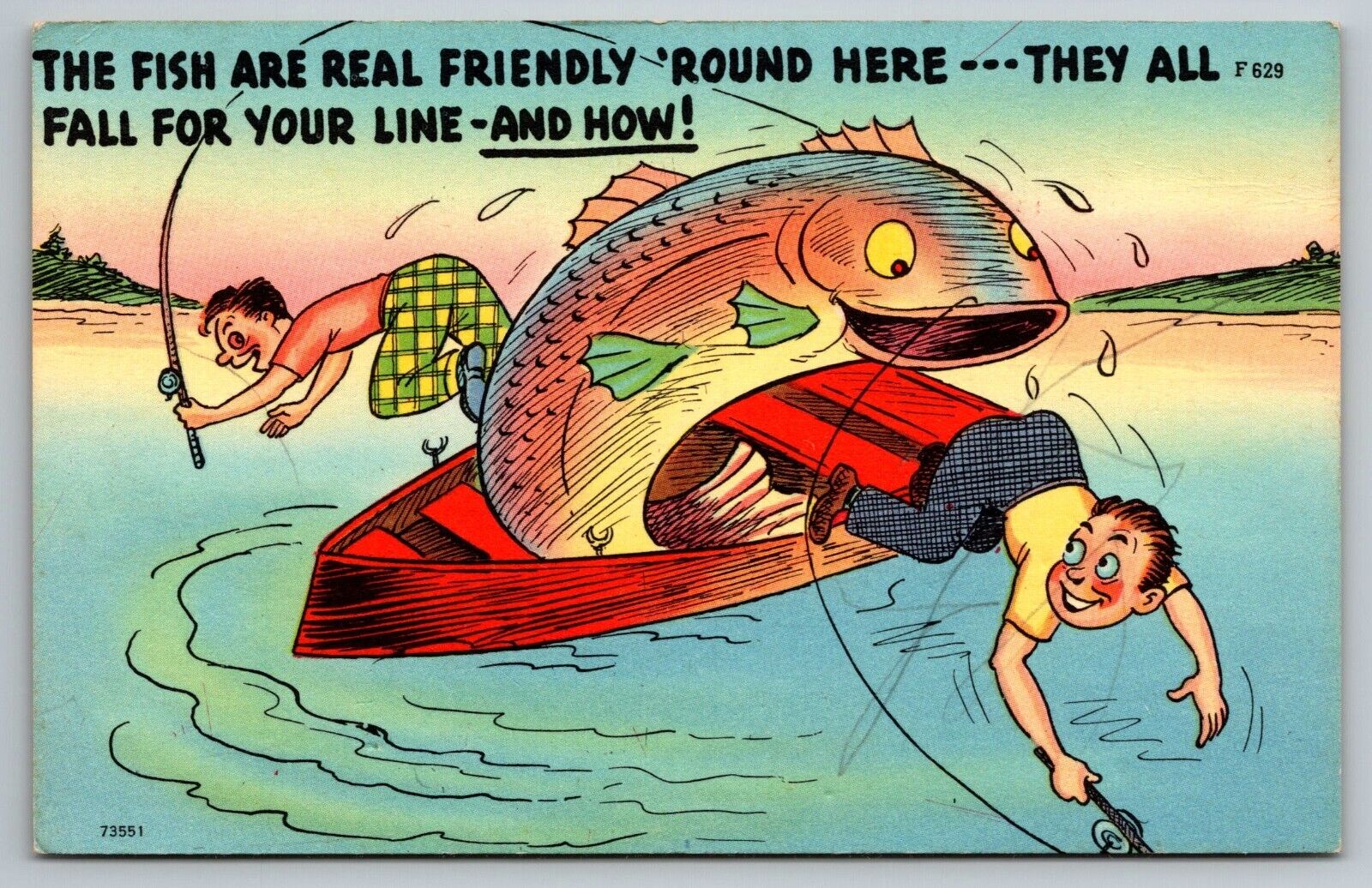 Fishing Comic Postcard Friendly fish fall for your line c1940s