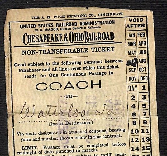 Chesapeake & Ohio Railroad 1919 Waterloo, IA Ticket #11168