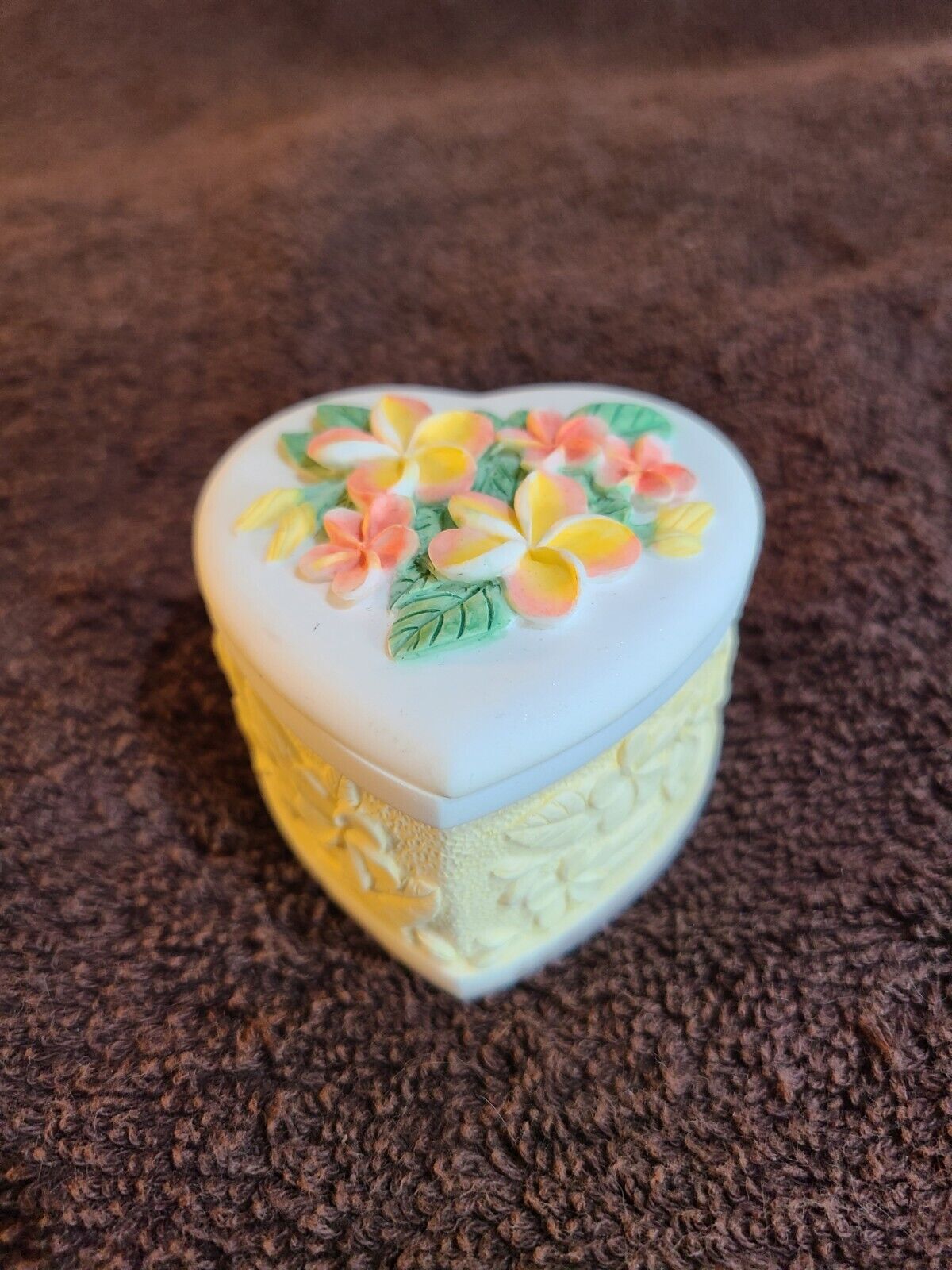 Heart-shaped Trinket Box  Porcelain Embossed Plumeria Yellow Pink Flowers