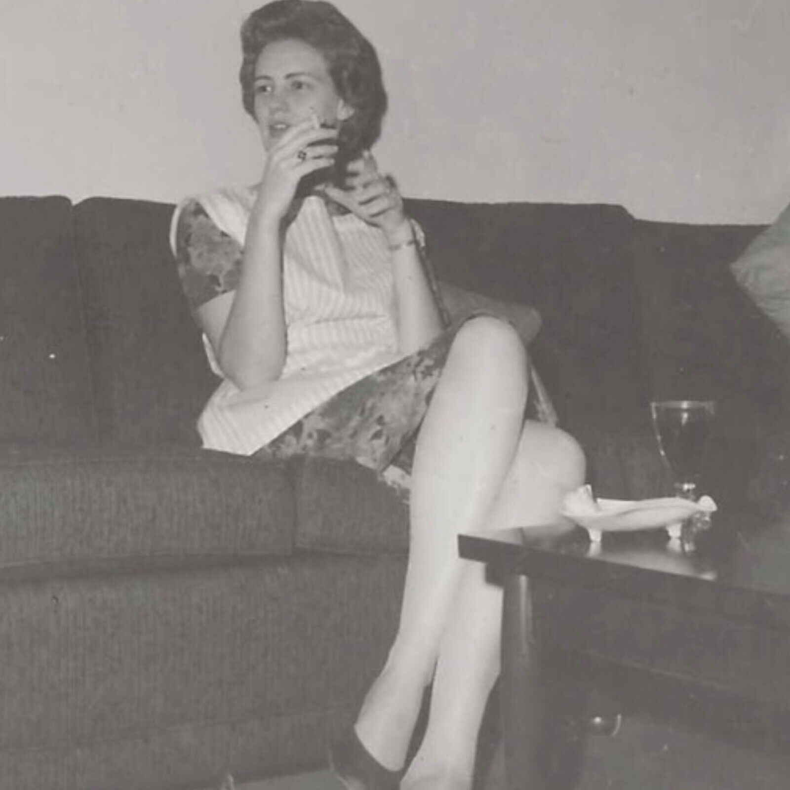 Vintage Snapshot Photo Pretty Leggy Woman Smoking Drinking Cocktail 1960s
