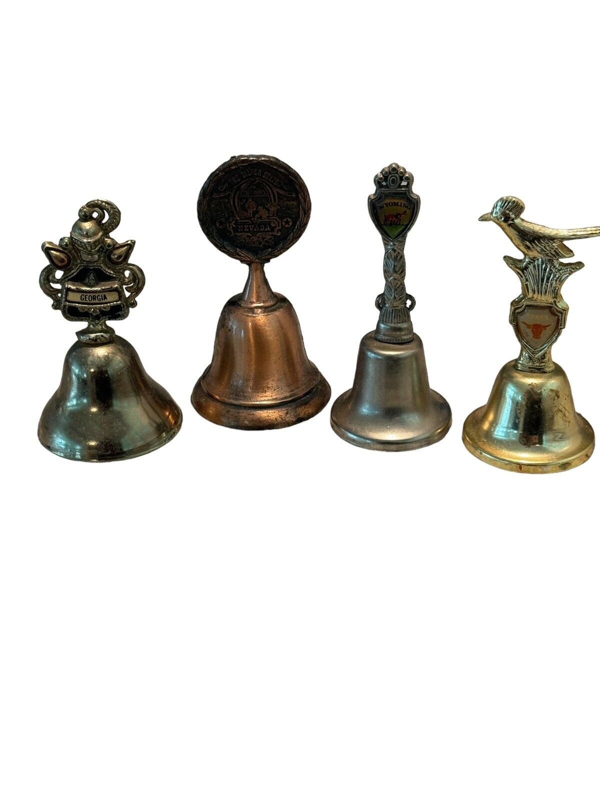 Vintage Souvenir Brass Bells 3.5” Georgia Nevada Texas Wyoming Lot Of 4