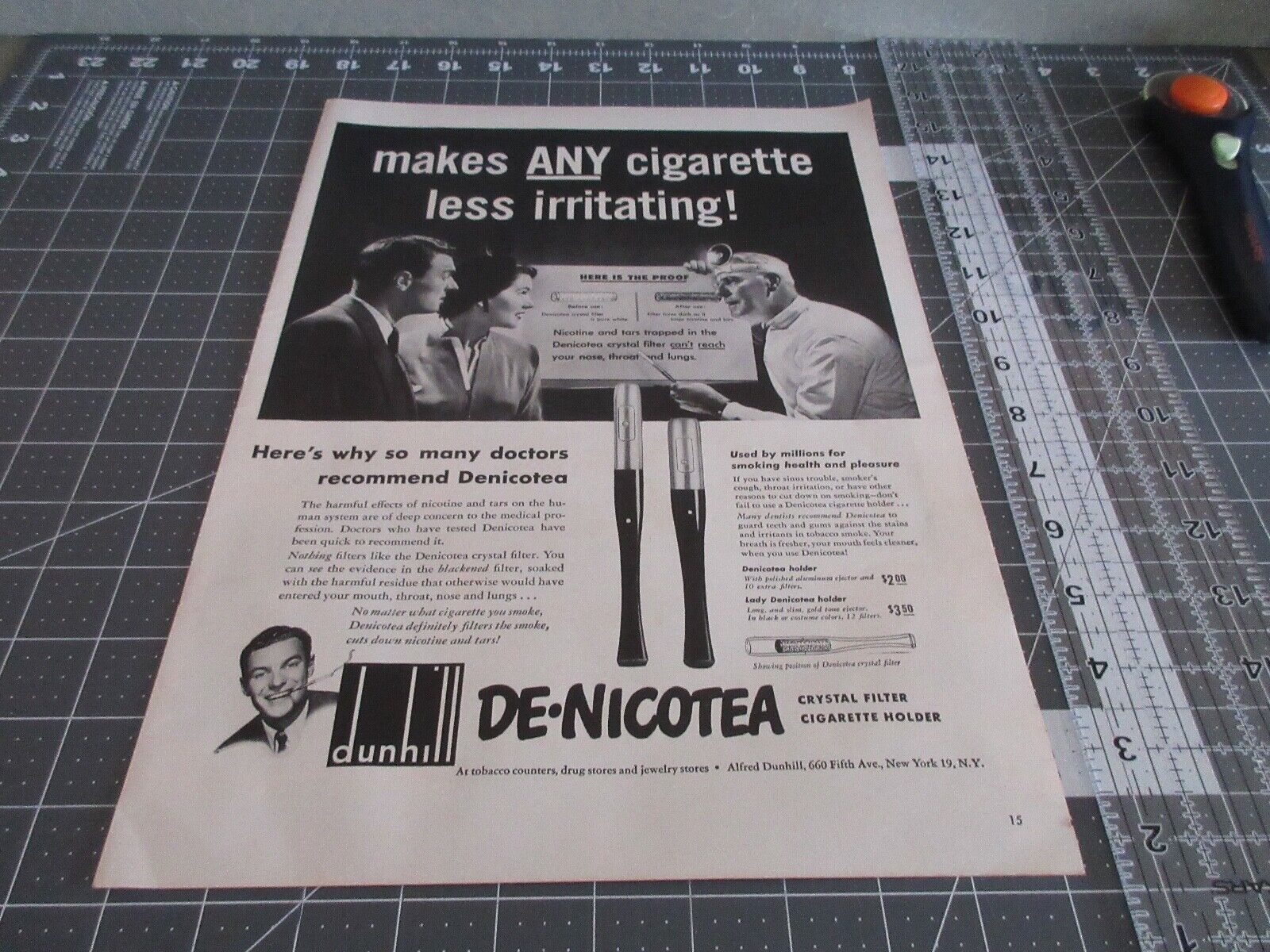 1949 Dunhill DENICOTEA crystal Filter Cigarette Holder, Print Ad Smoking Health