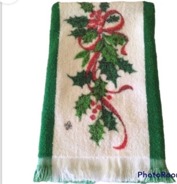 Vintage 70s Christmas Decor Towel Fringed Holly Screen Prints Seyco Made in USA