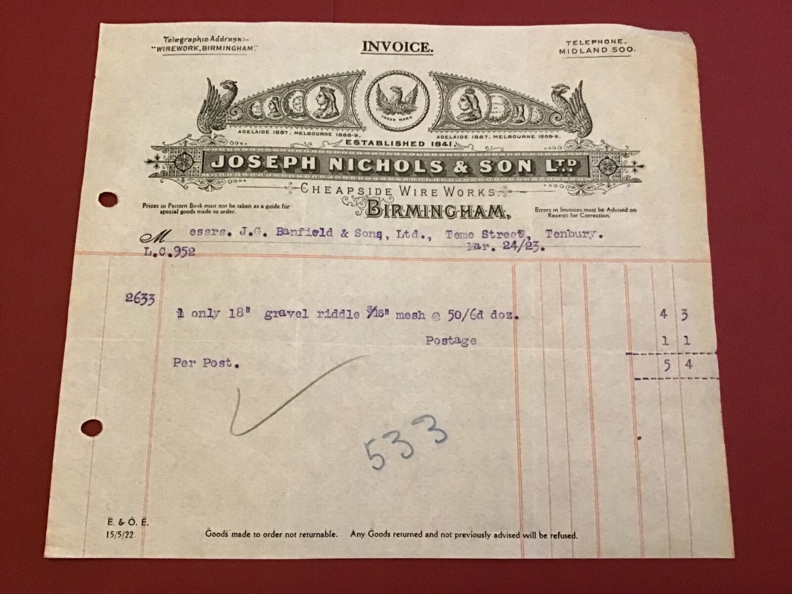 Joseph Nichols & Son Ltd Birmingham Wire Works 1923 Receipt R43339