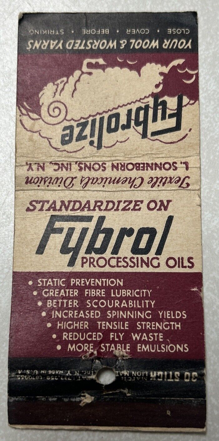 Vintage FYBROL PROCESSING OILS Matchbook Cover, L.Sonneborn Sons, Inc., N.Y.