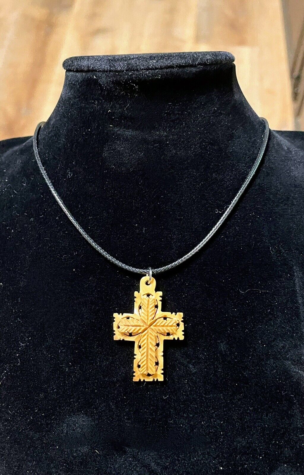 cross perforate pendant olive wood hand made holy land with 20” necklace
