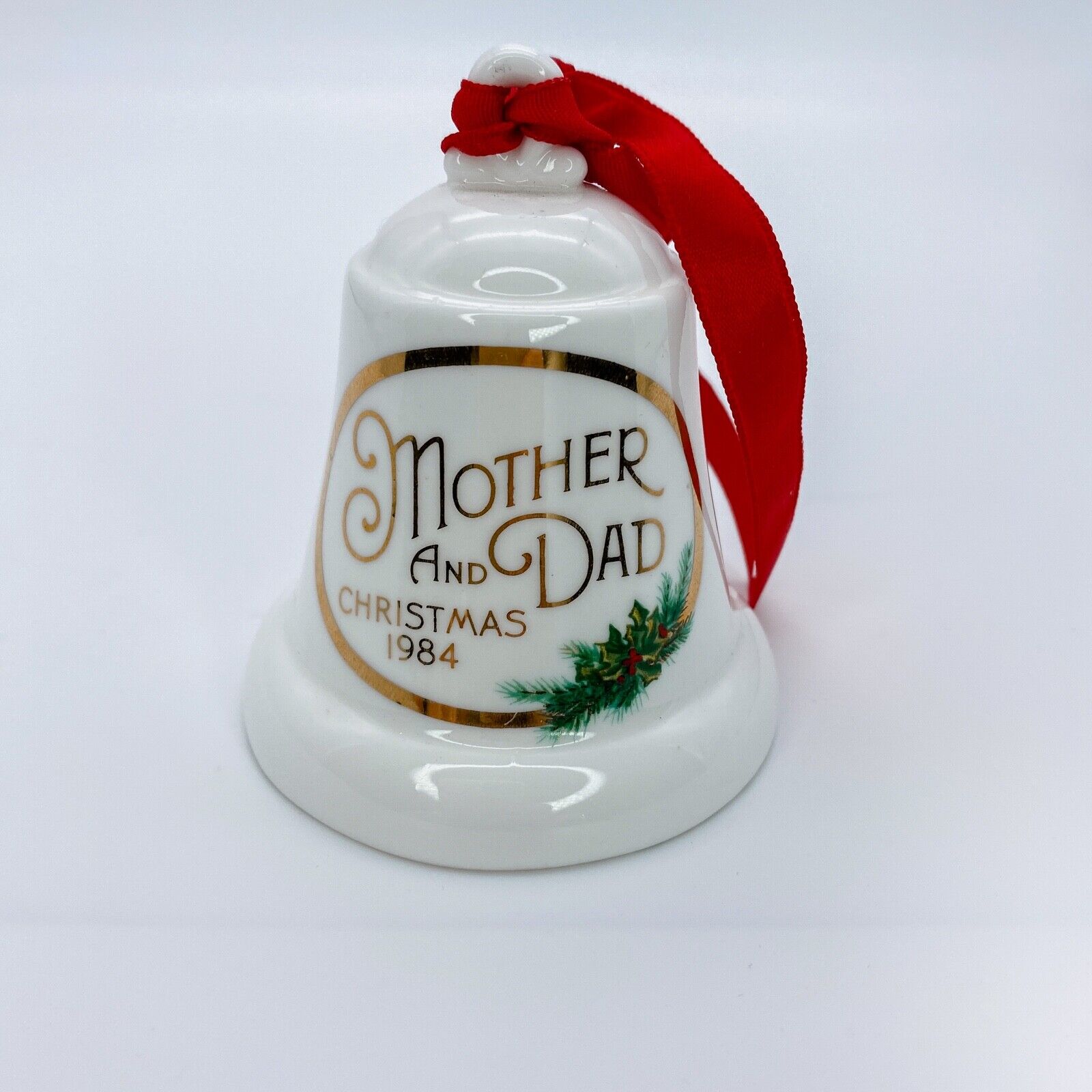 Vintage Hallmark Ornament Porcelain Ceramic Bell for Mother & Dad 1984 White Red