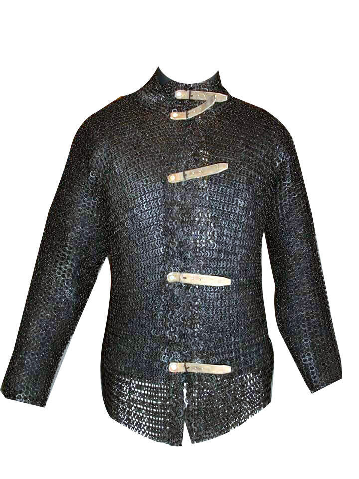 Flat Riveted Chain Mail Shirt Extra Large Hubergion Front Open Blackened