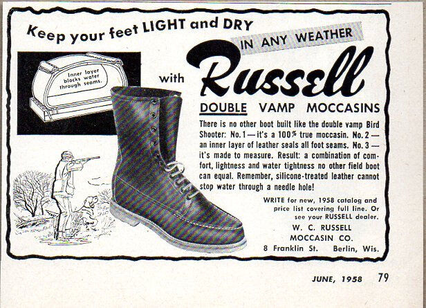1958 Vintage Ad Russell Double Vamp Moccasins Hunting Boots Berlin,WI