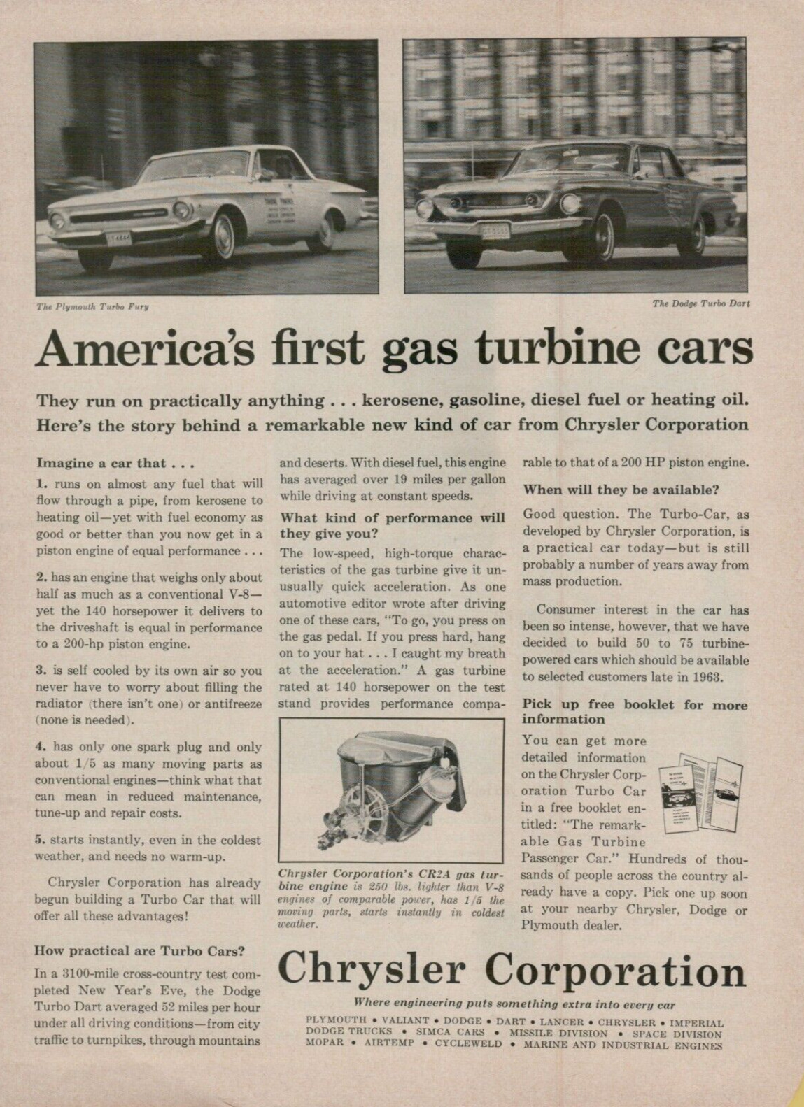 1962 Chrysler America\'s First Gas Turbine Cars Turbo Fury Dart Vintage Print Ad