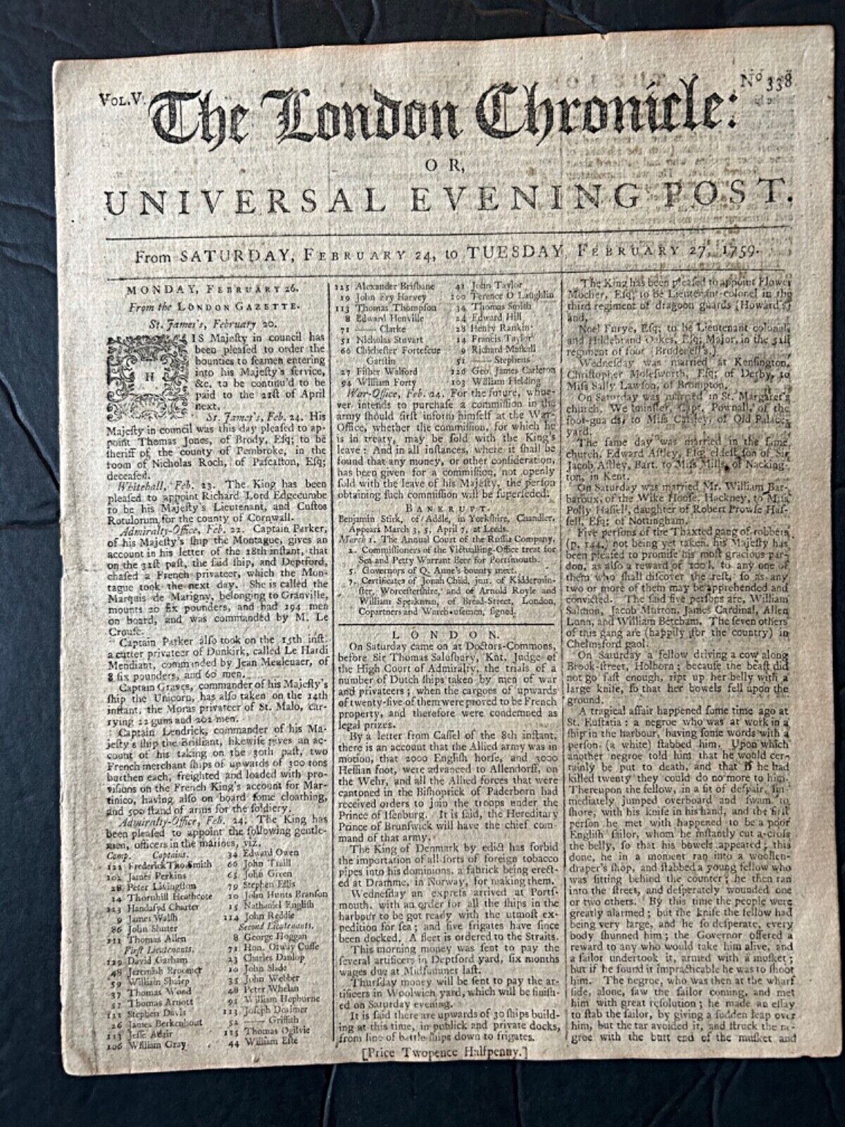 1759 Newspaper London Chromic Or Universal Evening Post