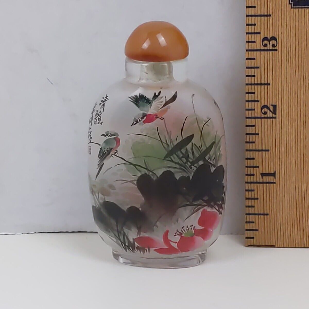 Chinese Snuff Bottle Glass Inner Painted Floral Birds Hibiscus Flower Art
