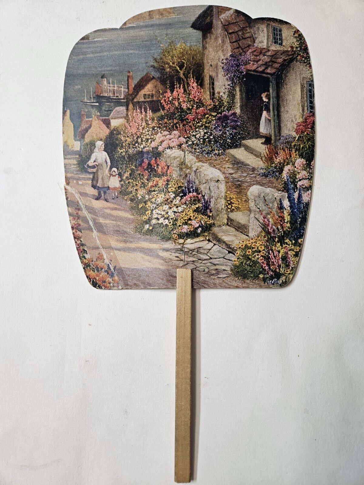 Vintage Cardboard Hand Held Advertising Fan 1935 Cottage Floral Old World