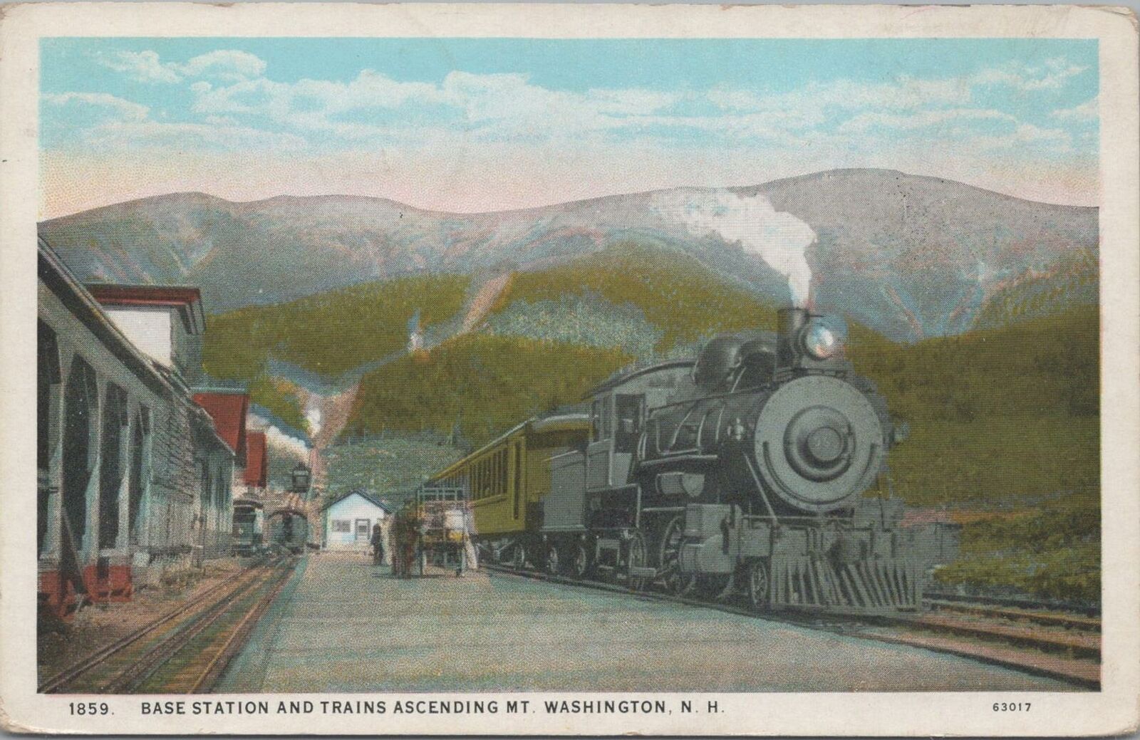 Postcard Base Station and Trains Ascending Mt Washington NH 1937