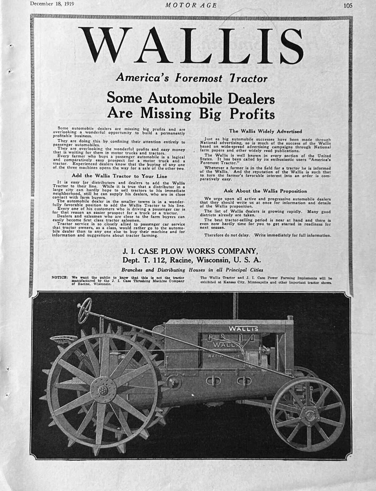 1919 Ad J I Case Plow Works Co Racine WI Wallis Tractor