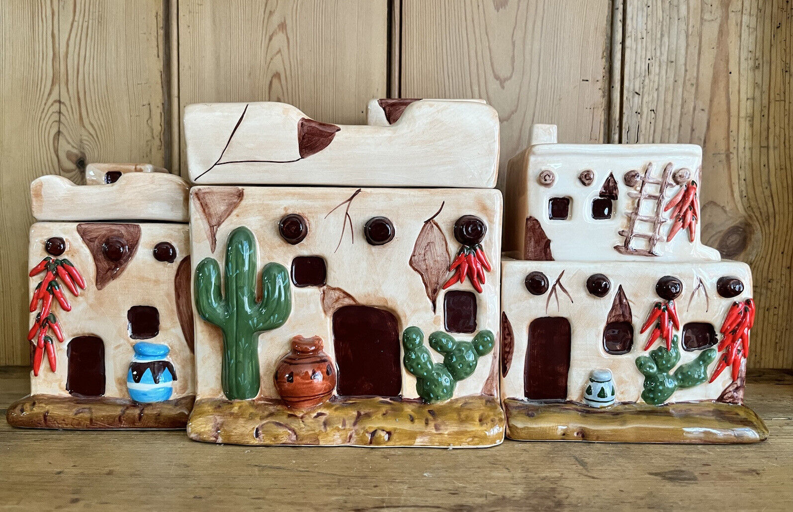 3 Southwestern Adobe Village Houses Native American Pueblo Canister Jars w Lids