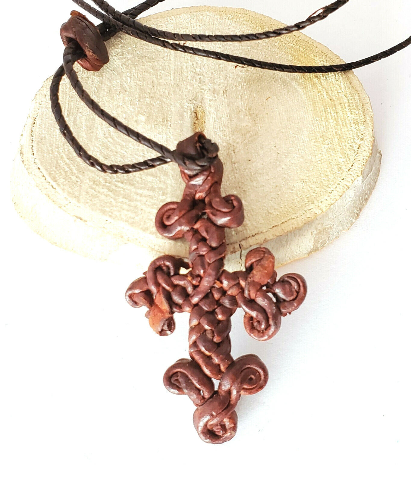 Hand Crafte Ethiopian Light Brown Leather Amulet Cross Pendant