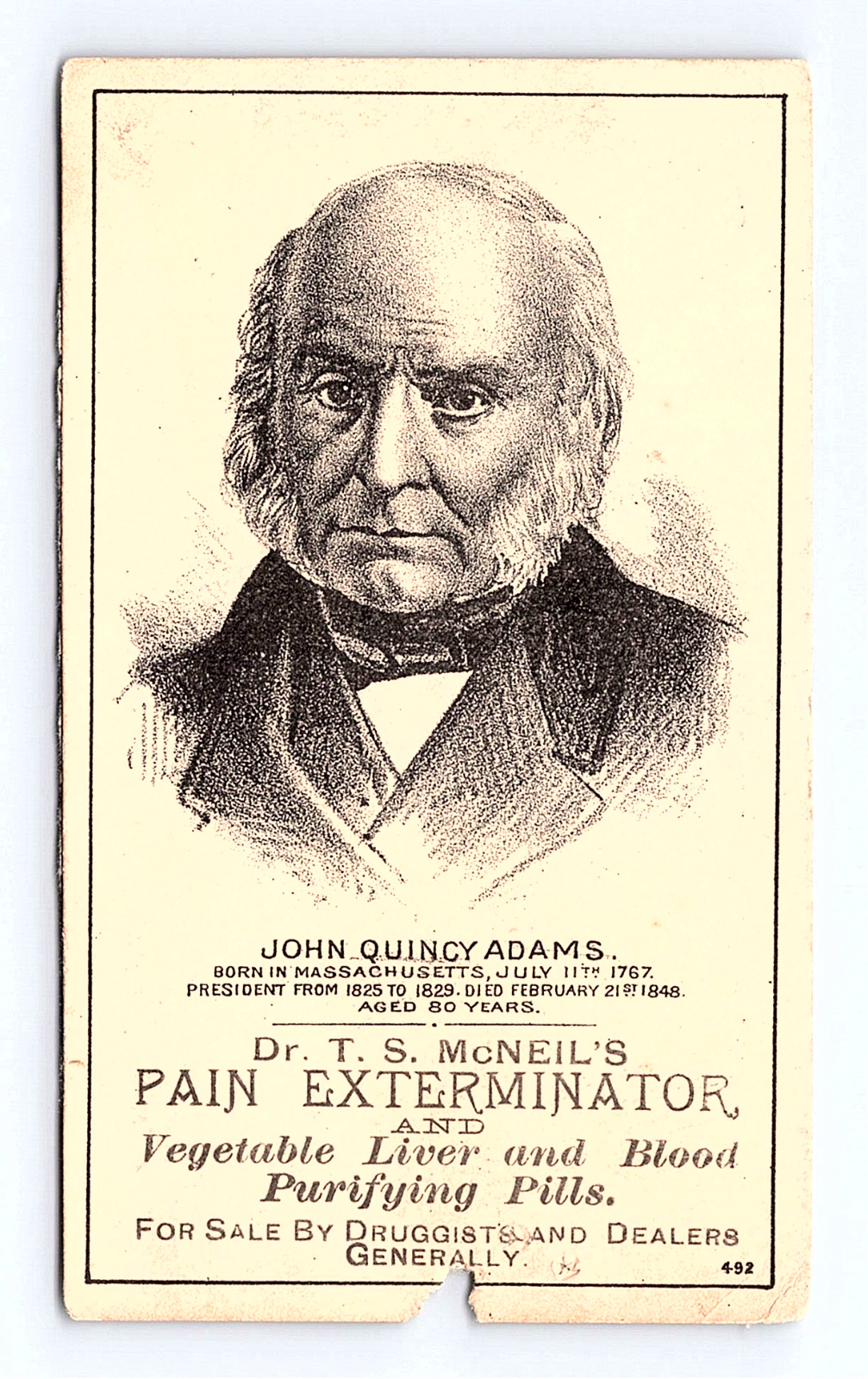 John Quincy Adams Dr TS McNeil\'s Pain Exterminator Victorian Trade Card