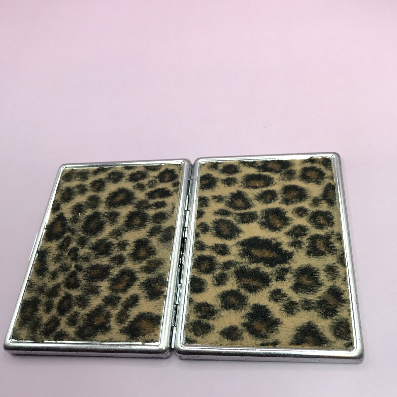 Leopard Print Fur Mirrored Compact  Metal Cigarette Case Card Holder