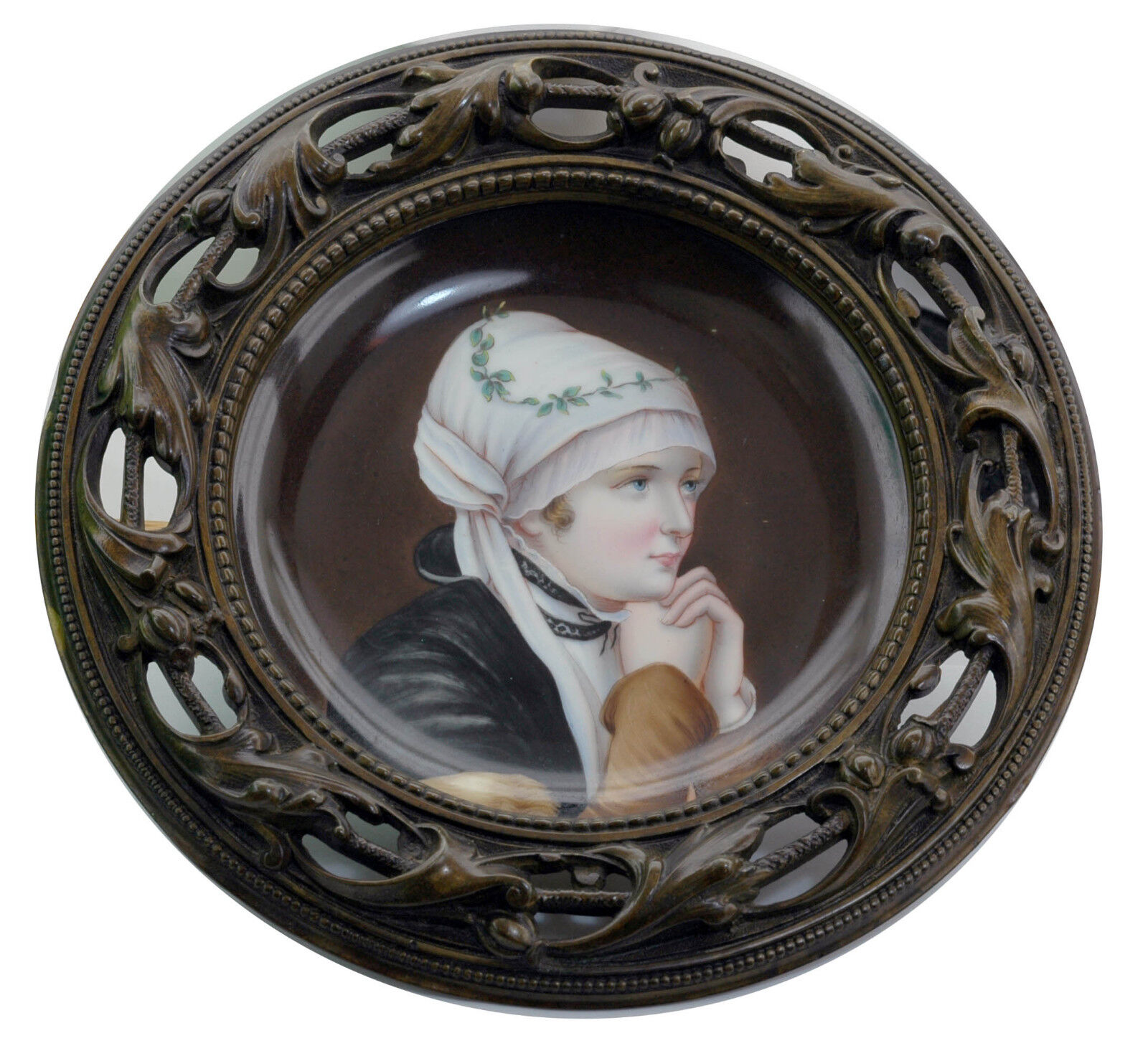 Ca. mid 1800s Royal Vienna Exquisite Hand Painted Portrait Plate in Bronze Frame