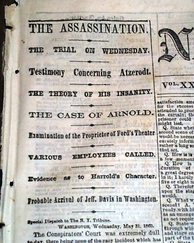 ABRAHAM LINCOLN Assassination Trial of the CONSPIRATORS Assassins 1865 Newspaper
