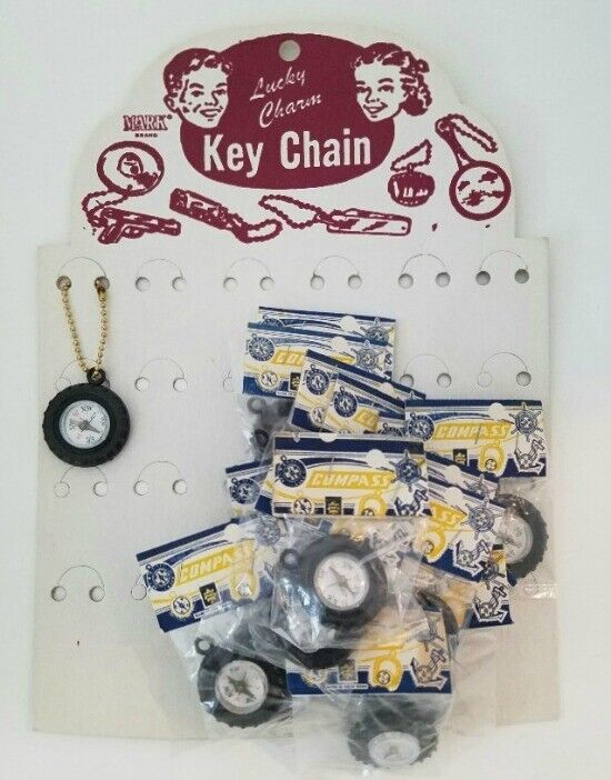 COMPASS KEY CHAINS on Store Display Card Toy NOS LUCKY CHARM Set of 36 Vintage