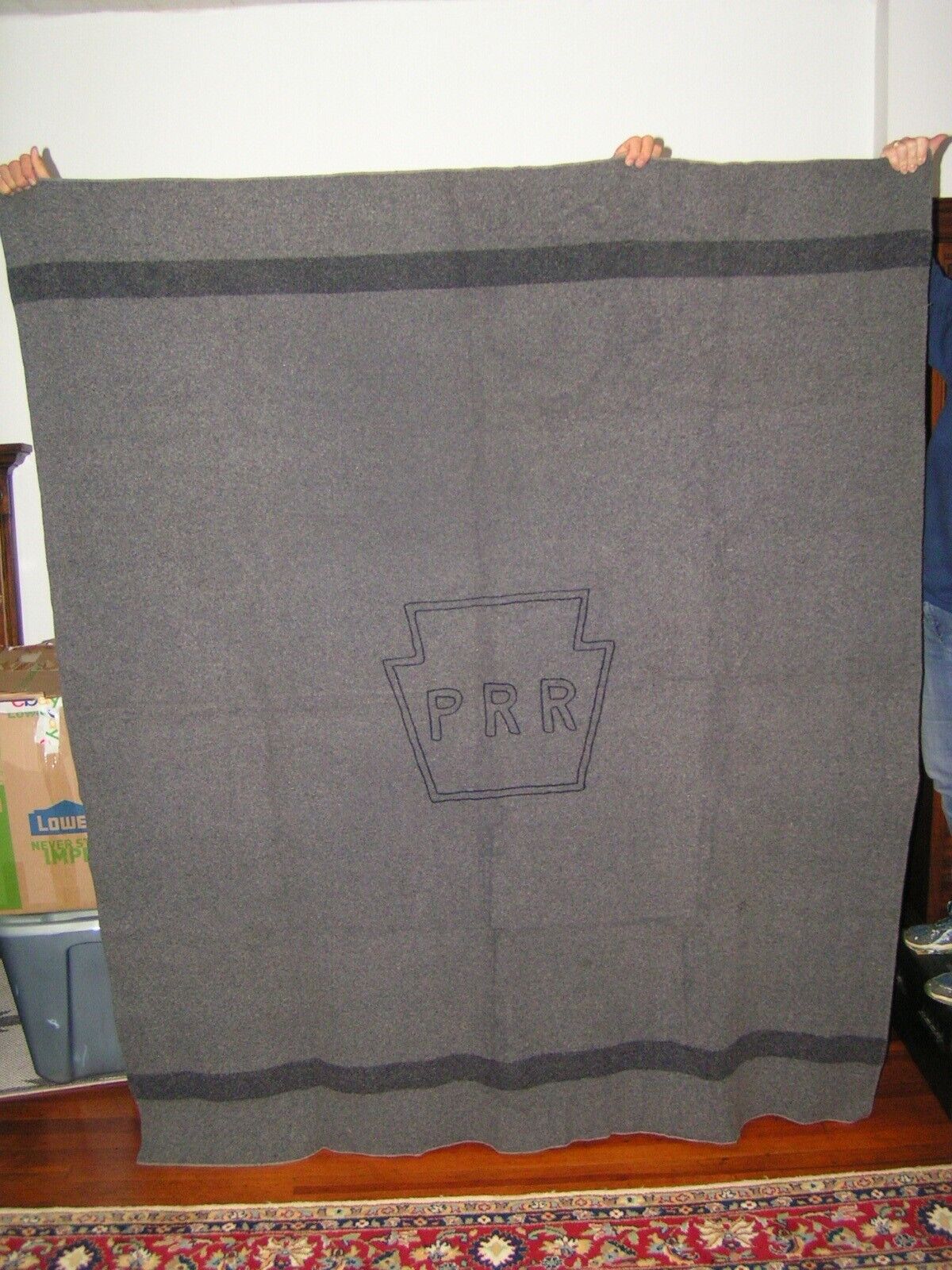 Pennsylvania Railroad Grey Wool Blanket with Large PRR Keystone