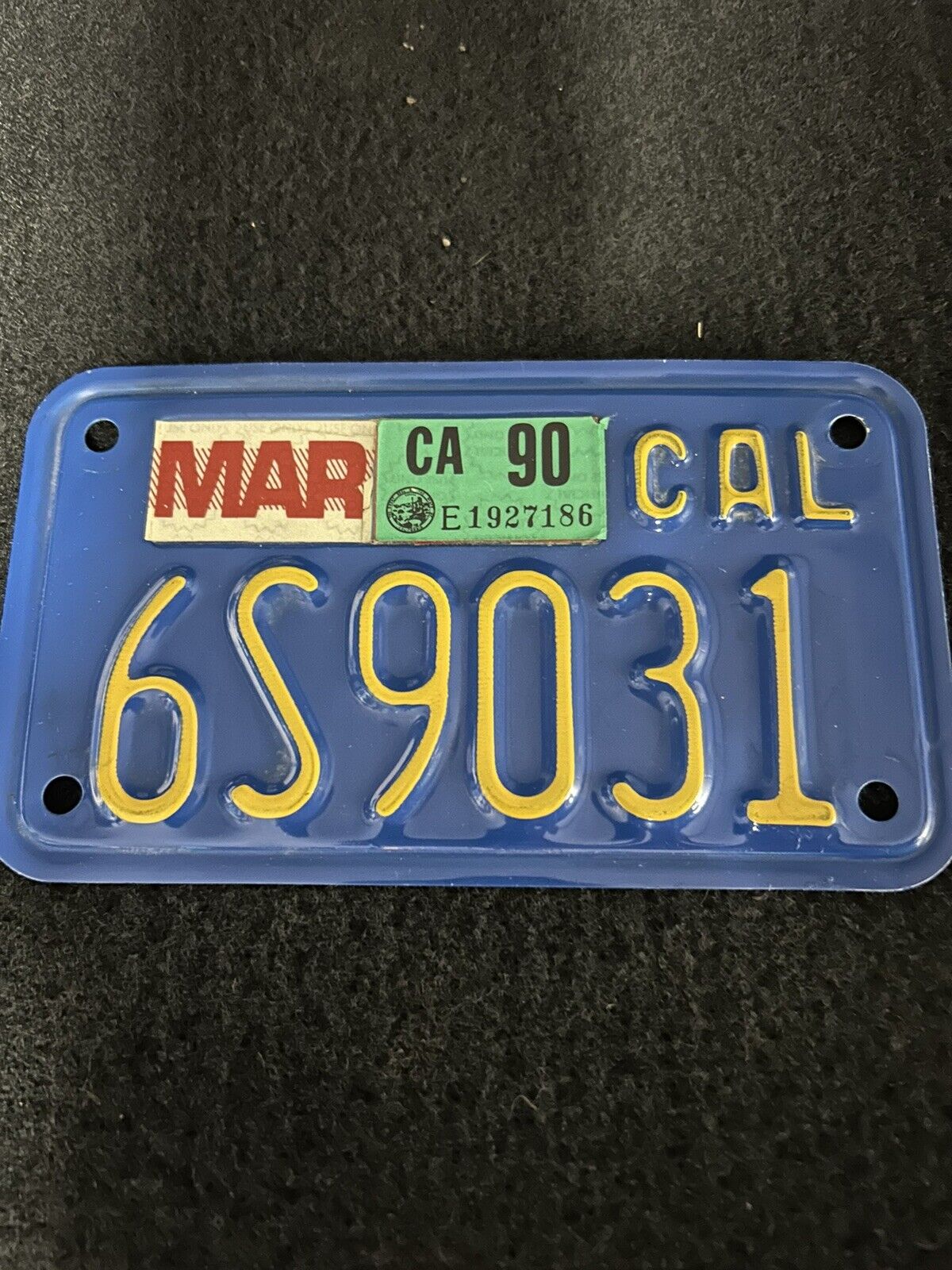 Vintage 1970s California Blue Yellow Motorcycle License Plate 1990 Reg