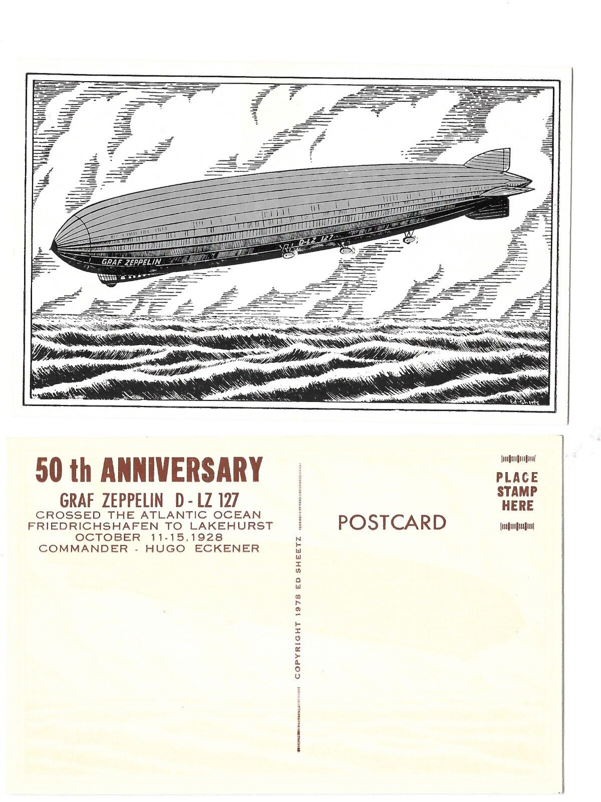 50th ANNIVERSARY GRAF ZEPPELIN Postcard D LZ127 Crossing Atlantic Oct 11-15 1928