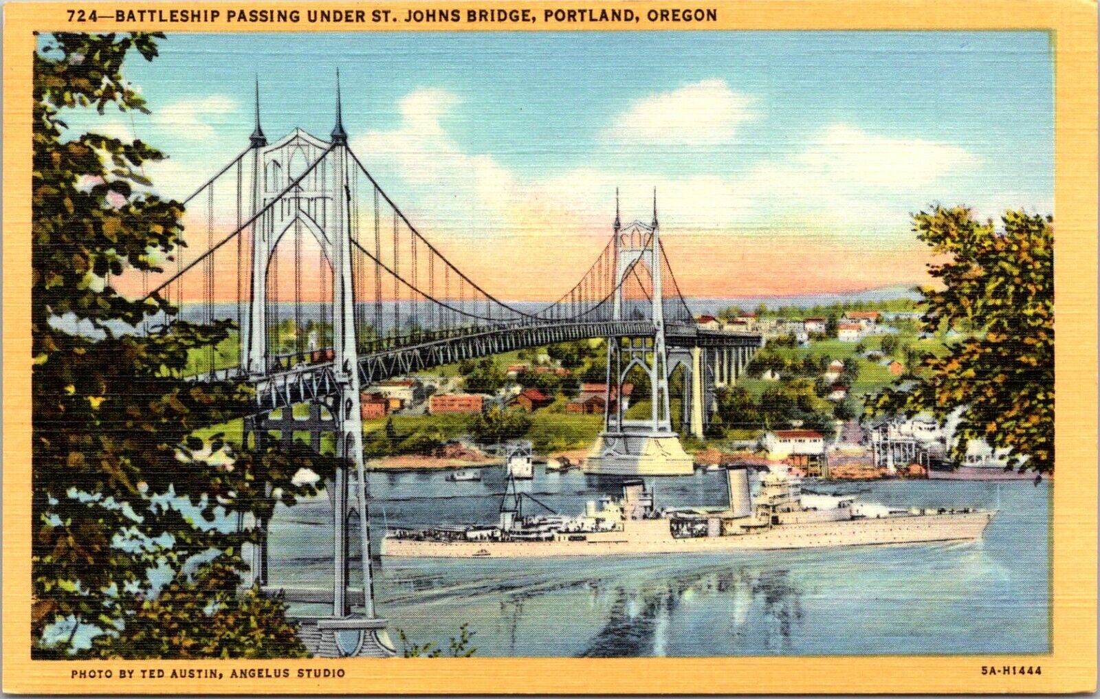 Portland Oregon OR St Johns Bridge Battleship Passing Under c1930s Postcard A74