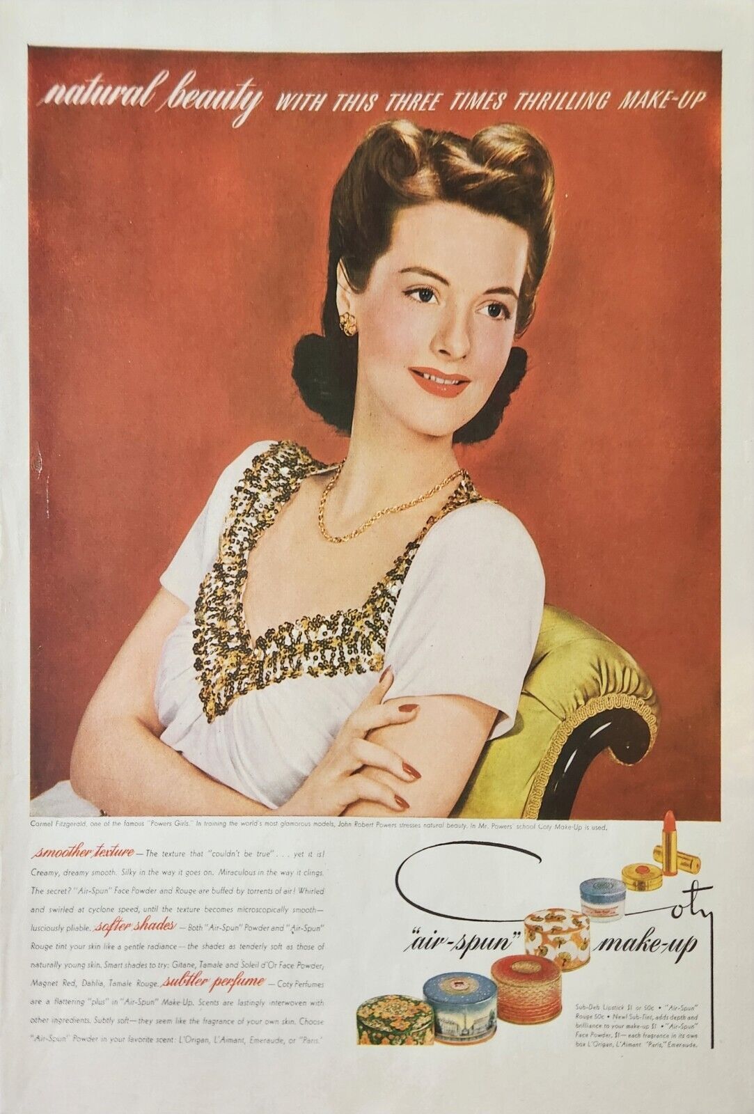 1942 Coty Air Spun makeup Vintage Ad Natural beaut