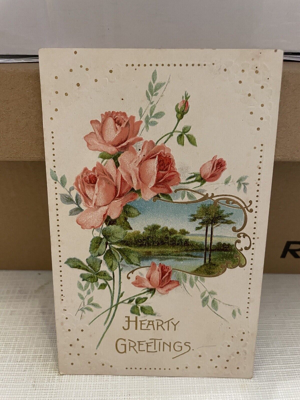 Vtg Postcard Embossed Hearty Greetings Pink Roses & Lake 